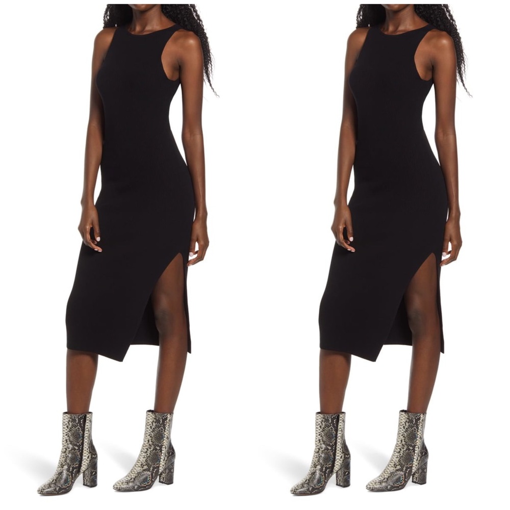 NWT LEITH Black Dress Knit Midi Scoop Neck Side Slit Jersey - Picture 1 of 8